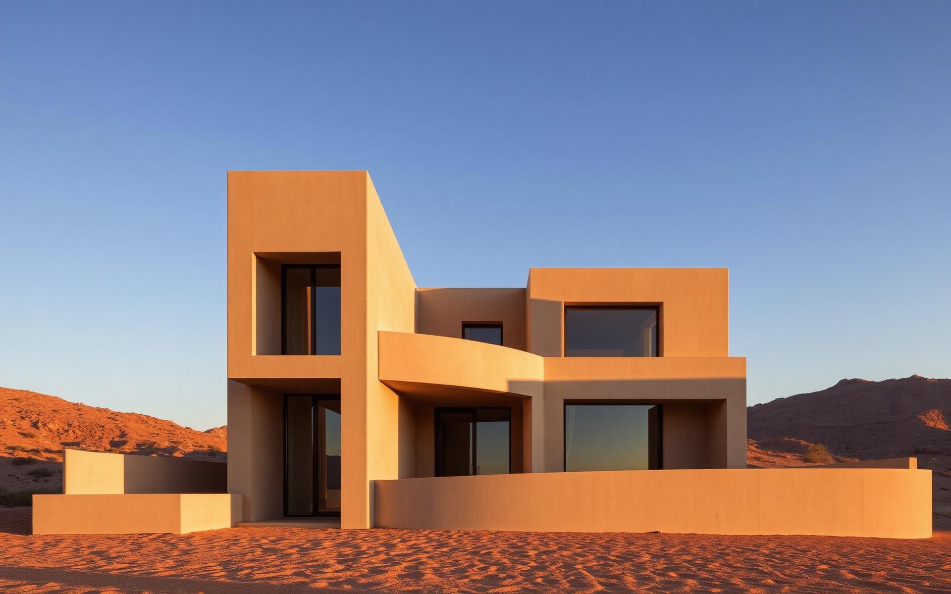 A minimalist warm-stone villa at golden hour